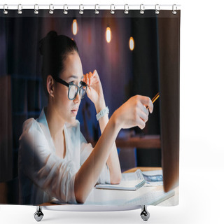 Personality  Businesswoman Working Late In Office 4 Shower Curtains