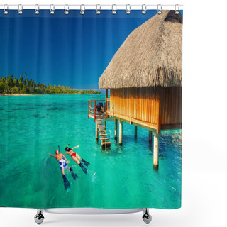 Personality  Young Couple Snorkling From Hut Over Tropical Lagoon Shower Curtains