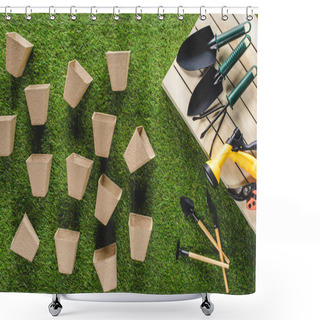 Personality  Top View Of Gardening Equipment And Pile Of Flower Pots On Grass  Shower Curtains