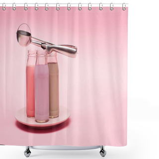 Personality  Bottles Of Berry, Strawberry And Chocolate Milkshakes With Scoop On Plate On Pink Background Shower Curtains