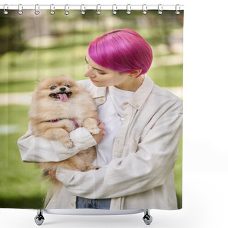 Personality  Stylish Woman With Purple Hair Holding Loveable Pomeranian Spitz In Hands Outdoors, Care And Bonding Shower Curtains