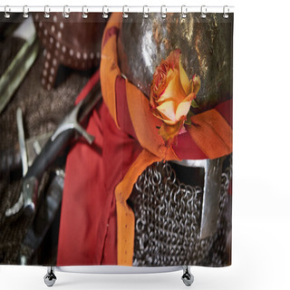 Personality  Rose Flower On The Helmet Of A Medieval Warrior Shower Curtains