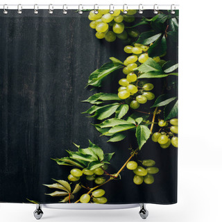 Personality  Top View Of Fresh Ripe White Grapes And Green Leaves On Black Wooden Background Shower Curtains