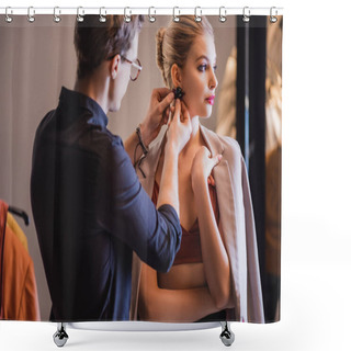 Personality  Stylist Putting Earring On Stylish And Attractive Model On Backstage  Shower Curtains