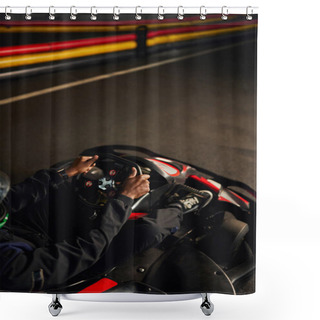 Personality  Top View Of African American Go Cart Racer Driving On Indoor Circuit, Speed Racing And Motorsport Shower Curtains