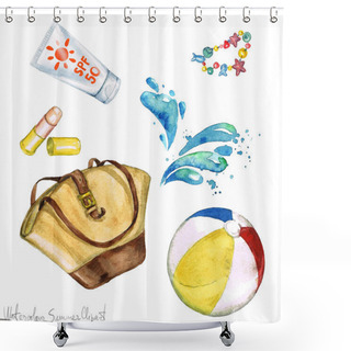 Personality  Watercolor Summer Clipart - Bag, Sunscreen, Beach Ball. Shower Curtains
