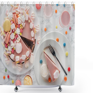 Personality  Top View Of Birthday Cake, Candies, Sweet Cupcakes And Milkshake In Glasses On Table  Shower Curtains