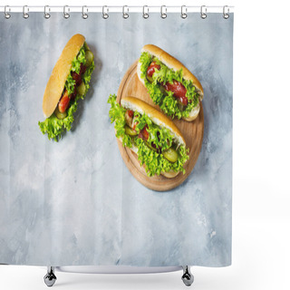 Personality  Hot Dog With Pickles And Lettuce On Concrete Background. Copy Space Shower Curtains