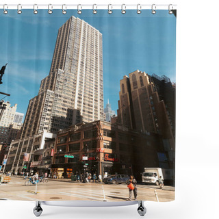 Personality  NEW YORK, USA - OCTOBER 11, 2022: Low Angle View Of Atlas Building In Manhattan  Shower Curtains
