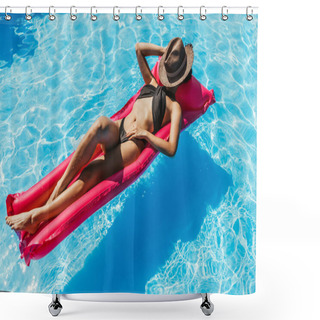 Personality  Young Woman In Black Swimsuit And Straw Hat Sunbathing On Pink Inflatable Mattress In Swimming Pool  Shower Curtains
