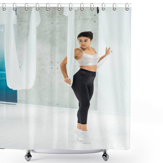 Personality  Attractive Sportive Girl Practicing Antigravity Yoga With Hammock In Studio Shower Curtains