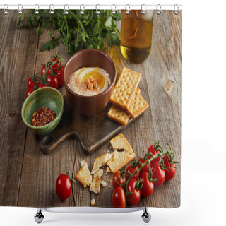 Personality  Crackers, Bowls With Hummus And Spices On Cutting Board, Vegetables And Jar Of Olive Oil On Wooden Background Shower Curtains
