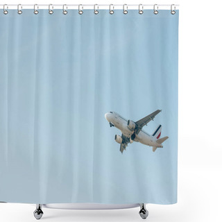 Personality  Low Angle View Of Jet Plane Taking Off In Blue Sky Shower Curtains