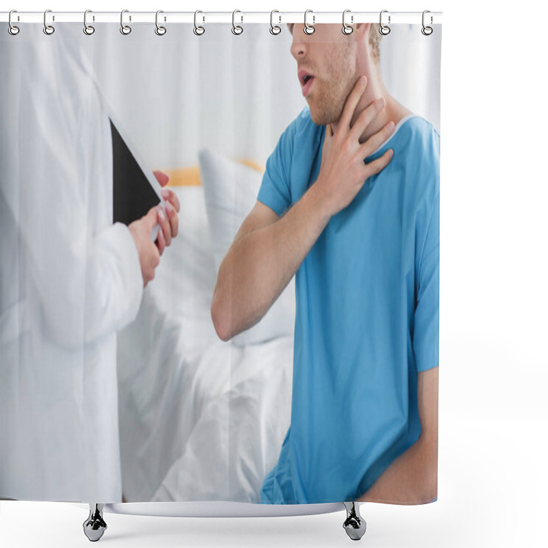 Personality  Cropped View Of Patient Complaining On Sore Throat Near Doctor In White Coat With Digital Tablet  Shower Curtains