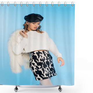 Personality  Pretty Young Woman In Beret And Skirt With Cow Print Holding White Faux Fur Jacket While Posing On Blue Shower Curtains