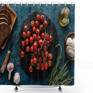 Personality  Dark Slate Board With Red Tomatoes On Blue Table With Bread And Condiments Shower Curtains