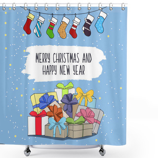 Personality  Cute Cartoon Illustration On The Theme Of Merry Christmas And Happy New Year With Gifts And Surprises And A Garland Of Colorful Christmas Socks. Vector Shower Curtains