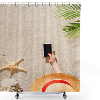 Personality  Cropped Shot Of Woman In Hat Using Smartphone While Lying On Sandy Beach Shower Curtains