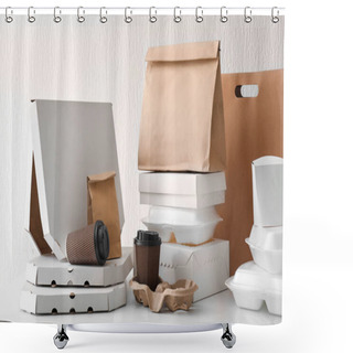 Personality  Assortment Of Food Delivery Containers On White Table Shower Curtains