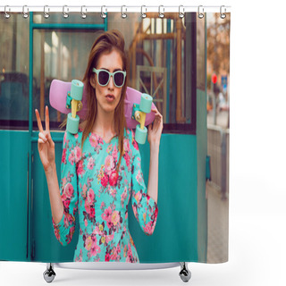 Personality  Beautiful And Fashion Young Woman Posing With A Skateboard On City Street Shower Curtains