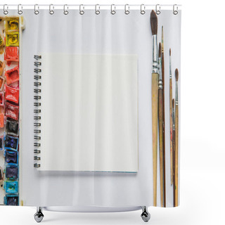 Personality  Top View Of White Background With Album For Drawing, Multicolored Paints And Paintbrushes  Shower Curtains