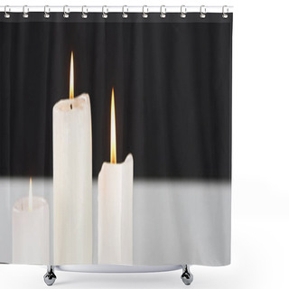 Personality  Burning White Candles On White Surface Glowing Isolated On Black, Panoramic Shot Shower Curtains