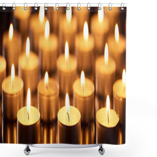 Personality  Selective Focus Of Burning Candles Glowing In Darkness, Panoramic Shot Shower Curtains
