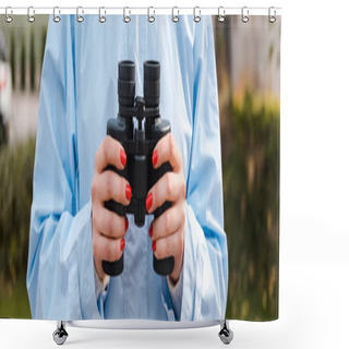 Personality  Panoramic Shot Of Woman Holding Binoculars  Shower Curtains