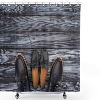 Personality  Top View Of Father And Kid Shoes On Wooden Tabeltop, Happy Fathers Day Concept Shower Curtains