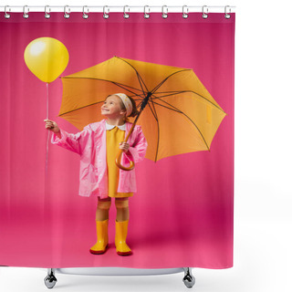 Personality  Full Length Of Cheerful Girl In Raincoat Holding Balloon And Yellow Umbrella On Crimson Shower Curtains