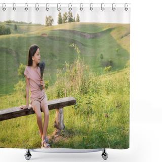 Personality  Full Length Of Girl With Lavender Flowers Sitting On Bench In Countryside And Looking Away Shower Curtains