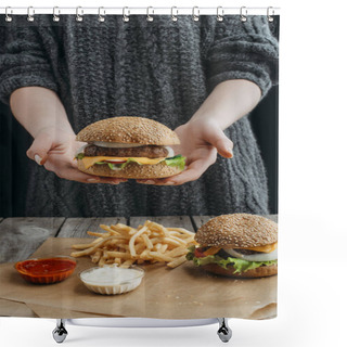 Personality  Cropped View Of Woman Holding Cheeseburger And Standig At Table With French Fries And Sauces Shower Curtains