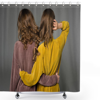 Personality  Back View Of Twins Hugging With Hair In One Braid Isolated On Grey Shower Curtains