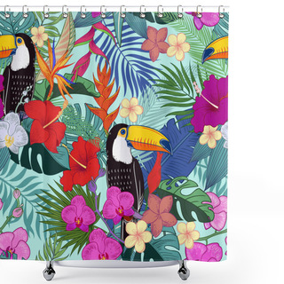 Personality  Beautiful Tropical Exotic Parrot Birds And Jungle Flowers. Vector Seamless Pattern.  Shower Curtains