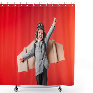 Personality  Little Emotional Pilot In Suit And Cardboard Plane Wings With Outstretched Arms To Fly Isolated On Red Shower Curtains