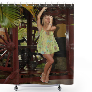 Personality  Beautiful Blond Woman Posing On Wooden Balcony. Portrait Of Young Model In Green Dress  Shower Curtains