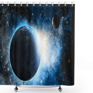 Personality  Earth And Moon With Blue Nebula Shower Curtains