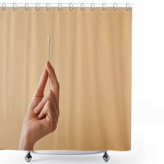 Personality  Cropped View Of Woman Holding Ear Stick On Beige Background Shower Curtains