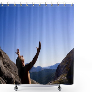 Personality  Young Man Worshipping On Mountain Top Shower Curtains