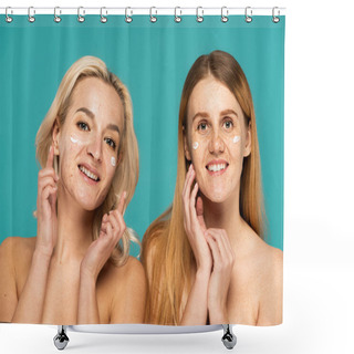Personality  Cheerful Women With Different Skin Conditions Applying Cream On Faces While Looking At Camera Isolated On Turquoise  Shower Curtains
