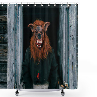 Personality  Obscured View Of Person In Creepy Mask In Wooden House Shower Curtains