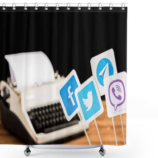 Personality  Selective Focus Of Facebook, Twitter, Viber And Telegram Icons With Typewriter On Background Shower Curtains