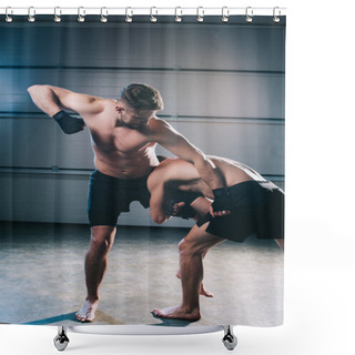 Personality  Strong Muscular Shirtless Mma Fighter Punching Another While Sportsman Doing Clinch Shower Curtains