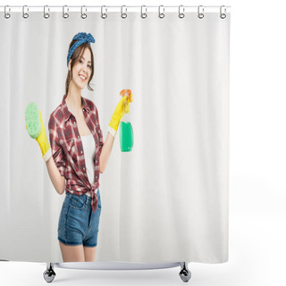 Personality  Woman With Sponge And Spray Bottle Shower Curtains