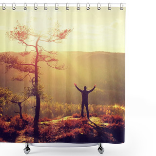 Personality  Sunny Morning. Happy Hiker With Hands In The Air Stand On Rock Bellow Pine Tree. Misty And Foggy Morning Valley. Shower Curtains