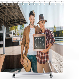 Personality  Smiling Stylish Equestrians In Casual Clothes Holding Open Sign At Ranch And Looking At Camera Shower Curtains