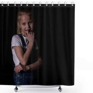Personality  Beautiful Blonde Little Girl On A Dark Background. She Stands In Different Poses And Shows Different Emotions. Free Space For Your Text Shower Curtains
