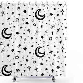 Personality  Seamless Childish Cosmos Pattern With Black Silhouette Of Stars And Moon On White Background. Vector Monochrome Texture Of The Universe With Dots. Vector Wallpaper Of Space Shower Curtains