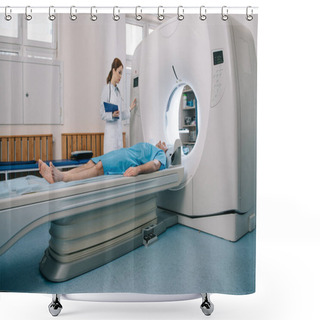 Personality  Young Radiographer Operating Ct Scanner While Preparing Patient For Tomography Shower Curtains