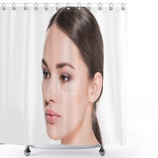Personality  Attractive Young Woman With Dotted Line Drawn On Face For Plastic Surgery Isolated On White Shower Curtains